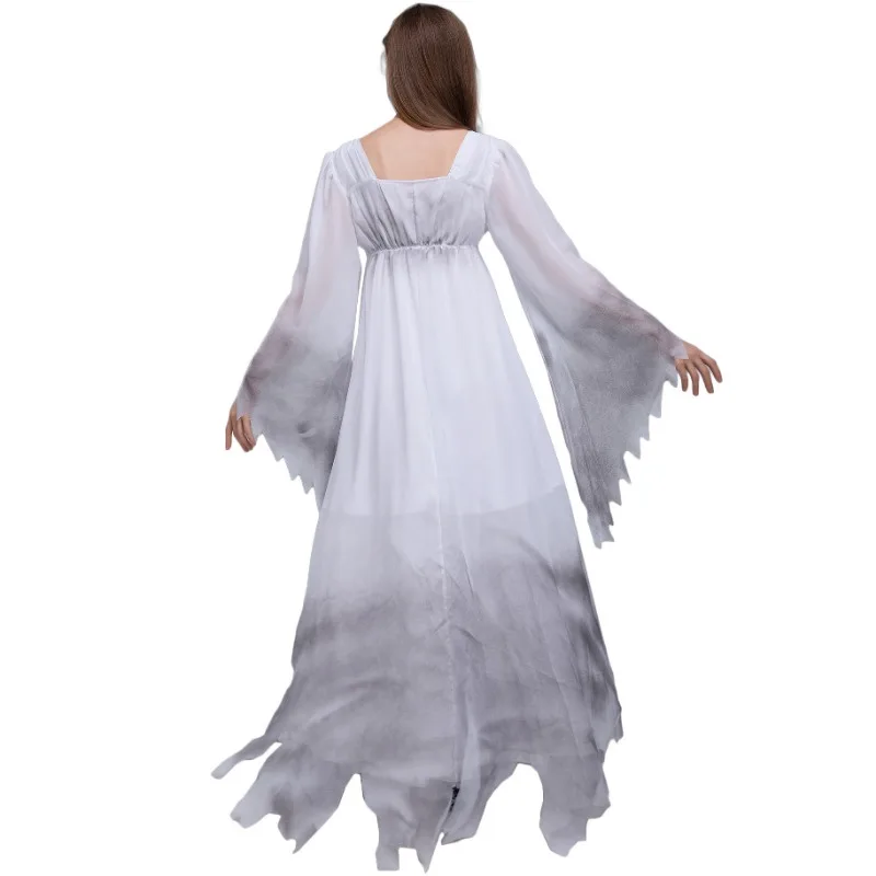 Halloween Ghost Zombie Girl Costume Scary Zombie Outsuit Vampire Bride Cosplay Dresses White Squre Collar Flare Sleeve Vestidos