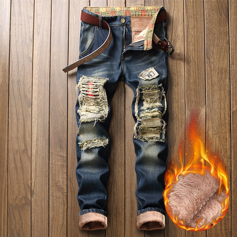

Winter Fleece Warm Men's Jeans Vintage Blue Cotton Ripped Slim Pants Fashion Streetwear Thick Fluff Hip-hop ​Denim Trousers Male
