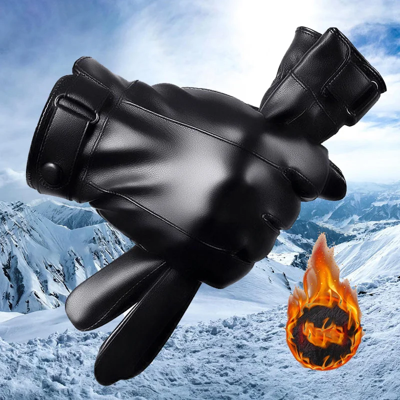 Autumn and Winter Black Gloves Men's One Pair PU Leather With Velvet Lining Gloves Waterproof for Motorcycle Riding