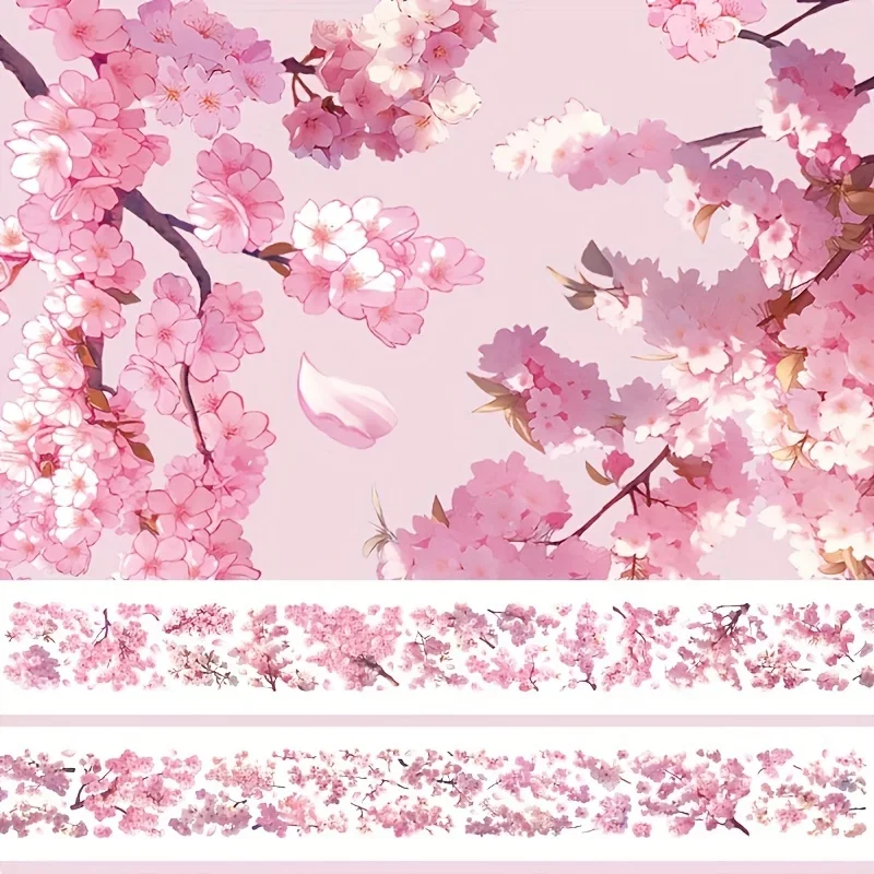 2m Sakura PET Decorative Stickers Pink Flower Transparent Washi Tape For Scrapbooking Planner Journal DIY Card Making Materials
