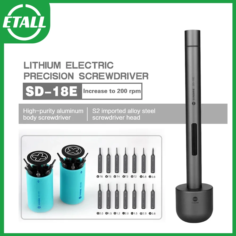 

SUNSHINE SD-18E Electric Screwdriver Set S2 Alloy Steel with Mini Screwdriver Storage Box for IPhone IPad Camera Table Repair