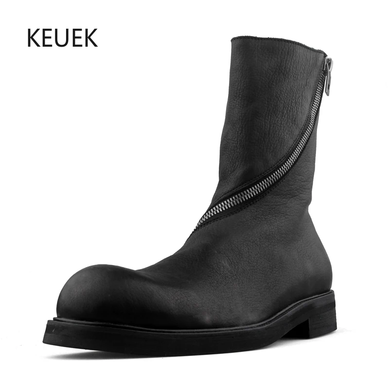 

New Design Fashion Slanting Zipper Mid-Calf Motorcycle Boots Men Genuine Leather Business Work Shoes Male Outdoor Ankle Boots 5A