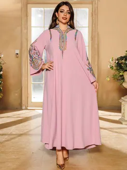 Moroccan Style Light Pink Muslim Abaya with Vibrant Multicolored Rope Embroidery Details Design Ideal for Arabian Gatherings