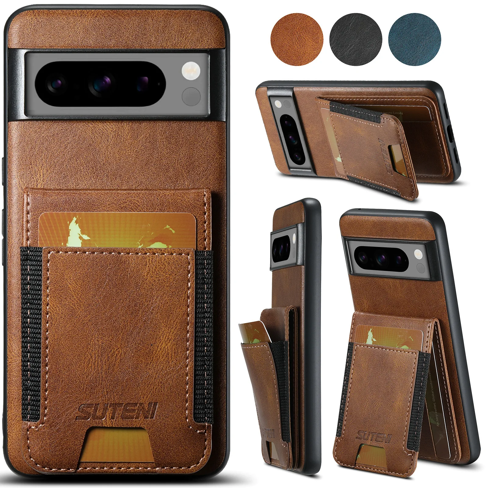 Leather Wallet Case with Elastic Card Pocket and Stand Holder - Shockproof Protective Cover