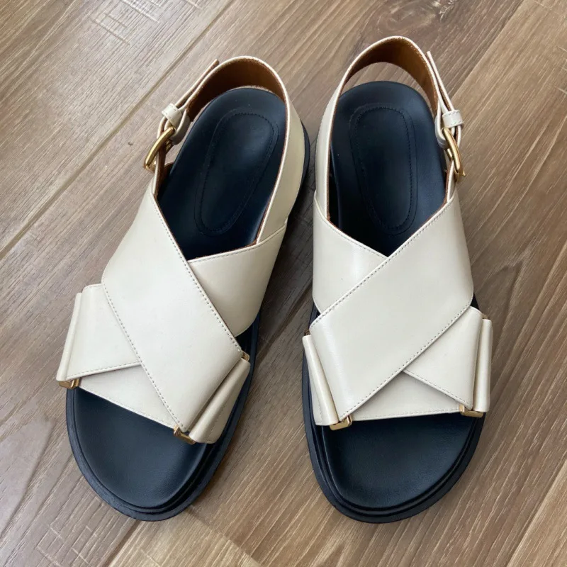 

New Cross Strap Platform Roman Sandal Flat Peep Toe Metal Buckle Soft Genuine Leather Plus Size Women's Casual Sandal 35&44