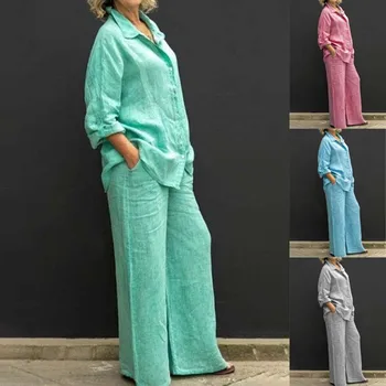 Spring Solid Color Linen Two Piece Sets Women Outfits  Fall Simple Long Sleeve Shirt Loose Trousets Set Office Casual Suit Women 1