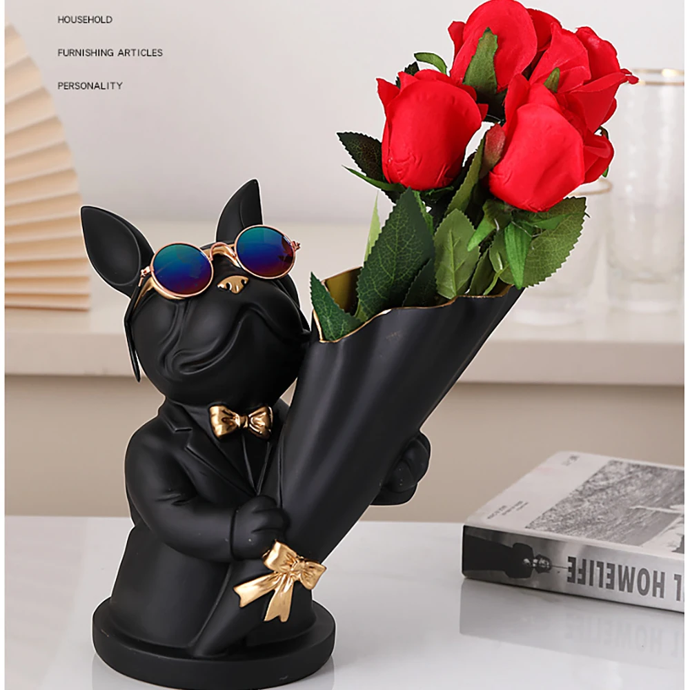 

New French Bulldog Statue Vase Ornament Home Animal Resin Sculpture Vase Table Ornament Dog Statue Handicraft Creative Gift
