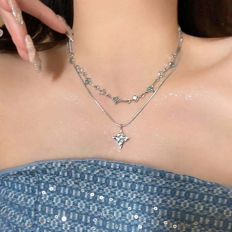 Fashion Double Layer Blue Zircon Four Pointed Star Necklace