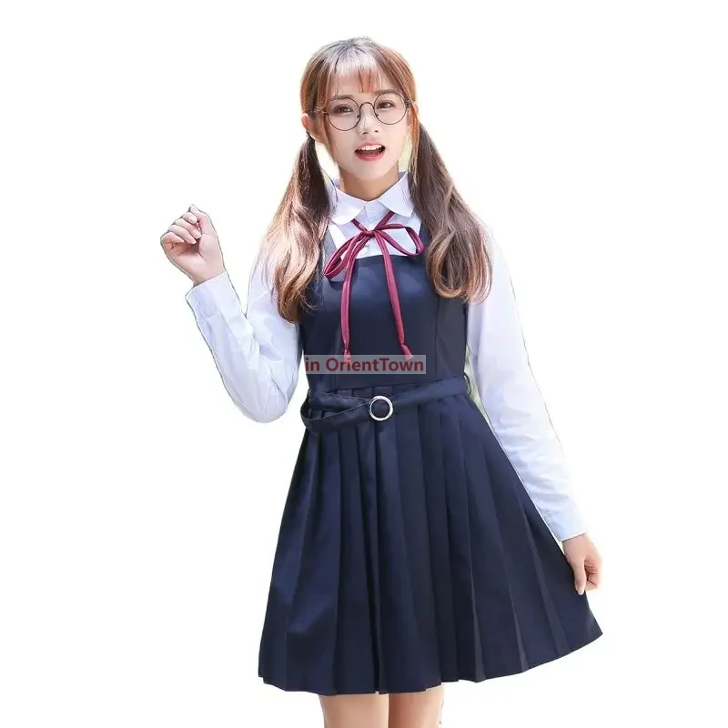 여학생 교복 일본식 봄 해군 대학 스타일 선원복 흰색 티셔츠와 민소매 드레스