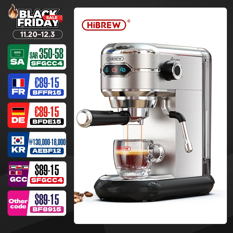 HiBREW Coffee Maker Cafetera 20 Bar Inox Semi Automatic Super Slim ESE POD& Powder Espresso Cappuccino Machine Hot Water H11