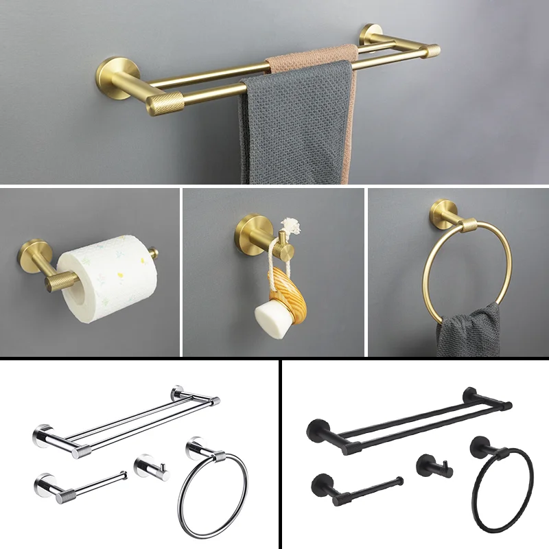 Brushed Gold Bathroom Accessories Set Wall Mount Hand Towel Bar Rack Toilet Roll Paper Holder Robe Hook Hanger 4 Piece Set