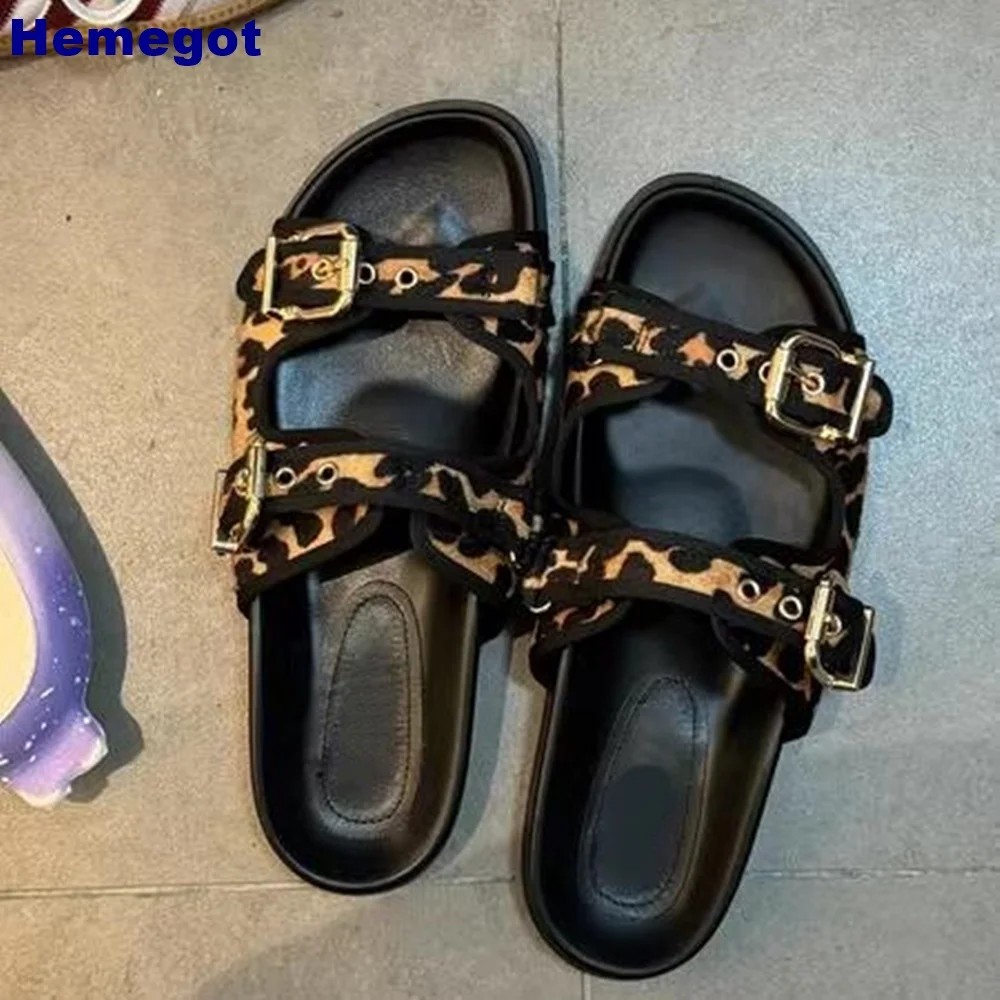 Black Leopard Print Casual Slippers Summer Fashion Thick-Soled Sandals Metal Belt Buckle Versatile Ladies Outside Beach Slides
