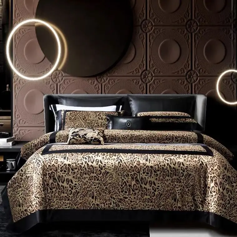 

Luxury 1400TC Egyptian Cotton And Jacquard Patchwork Bedding Set Leopard Printed Duvet Cover Set Soft Silky Bed Sheet Pillowcase