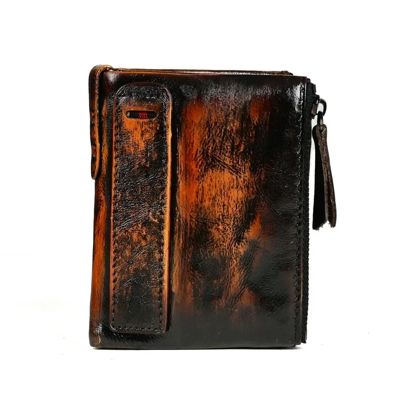 Vintage Leather Men's Zipper Wallet Retro Vertical Casual Short Wallet Driving License Head Leather Coin Purse