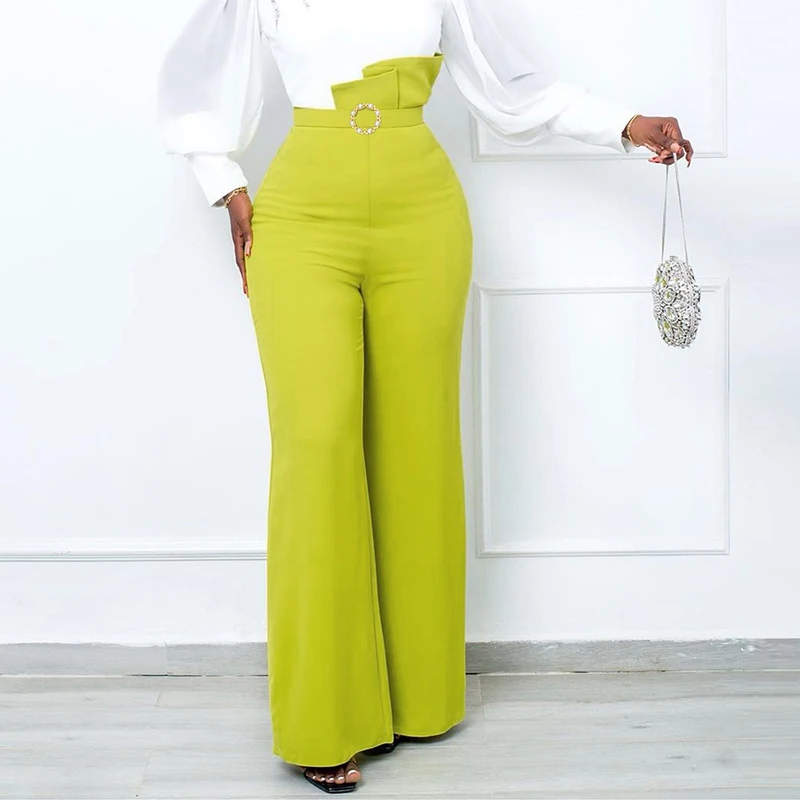 

4XL Elegant Office Flared Pants Women High Waist Ruffled Long Trousers 2023 Summer Casual Solid Color Stylish Bell Bottoms Wear