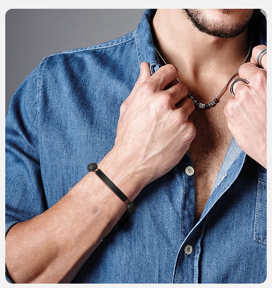 Vnox Einäscherung Urne Armband für Asche Männer Andenken Geschenk Schmuck, schwarz Lava Stein Perlen Strang Denkmal Armband einstellbar – Detail 2