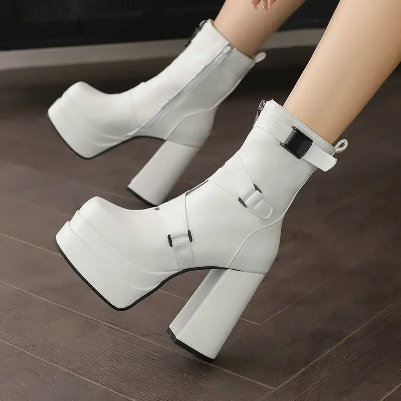 

12cm hate high thick heel nightclub pole dance modeling show fashion boots 5Inch waterproof Taiwan big yards square head female