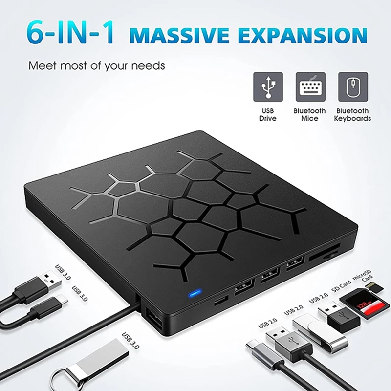 External CD/DVD Drive 6 In 1 DVD Drive Player USB 3.0 Type-C With SD/TF & USB3.0 Optical Drives For PC Laptop