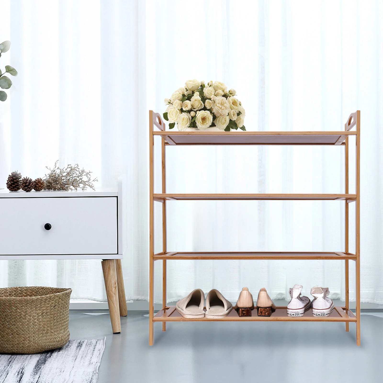 4-Layer Bamboo Shoe Rack, Porch Shoe Rack, Open Storage Bamboo Hollow Storage Rack