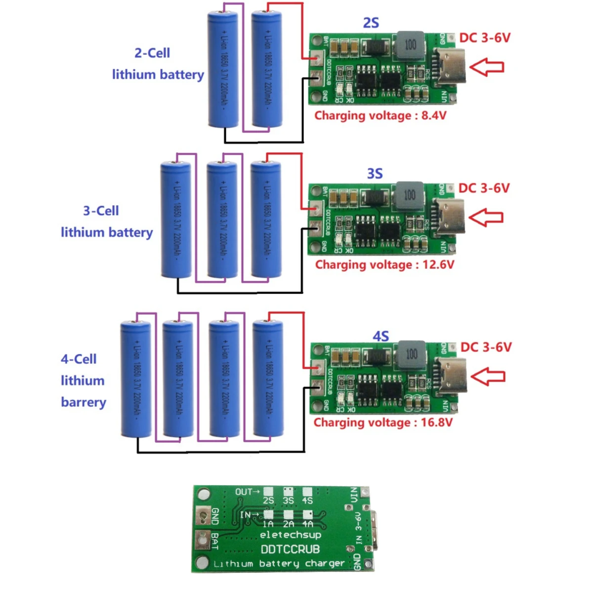 

DC 3-6V to 8.4V 12.6V 16.8V for 7.4V 11.1V 14.8V 18650 1-4A Multi-cell Type-c Step-up Boost Li-po Polymer Li-ion Charger