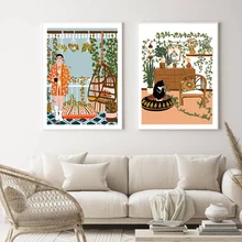 Retro Building Poster Canvas Prints City Landscape Posters and Prints Girls and Cats Print Wall Art Decoration Picture for Home
