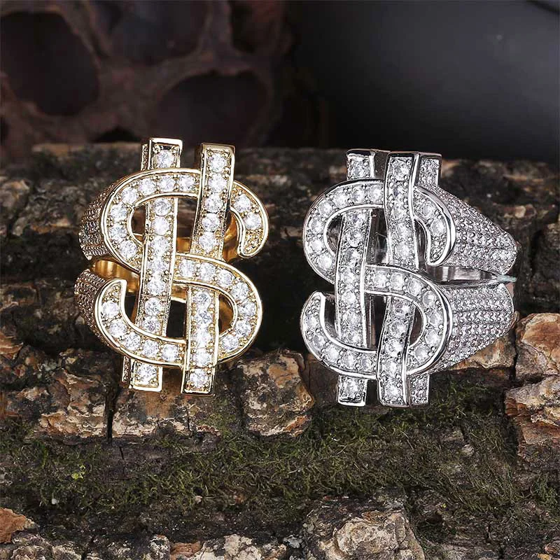 

Bling Iced Out Big US Dollar Sign Punky Rappers Rings Gold Plated CZ Diamond Hip Hop Engagement Cocktail Ring for Men Women