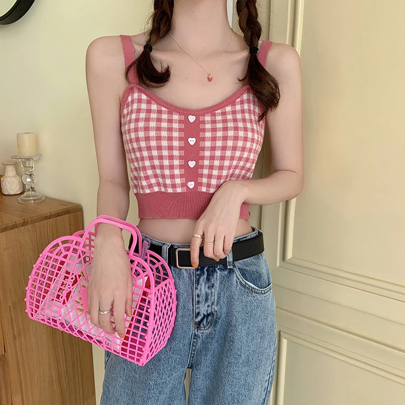 

Retro Plaid Strap Tank Top for Women Inner Wear Summer Short Open Umbilical Versatile Top