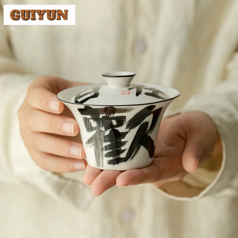 110ml Handwritten High-feet Cover Bowl Household Anti Scald Horseshoe Gaiwan Chinese Tea Tureen Tea Brewing Teaset Ornaments