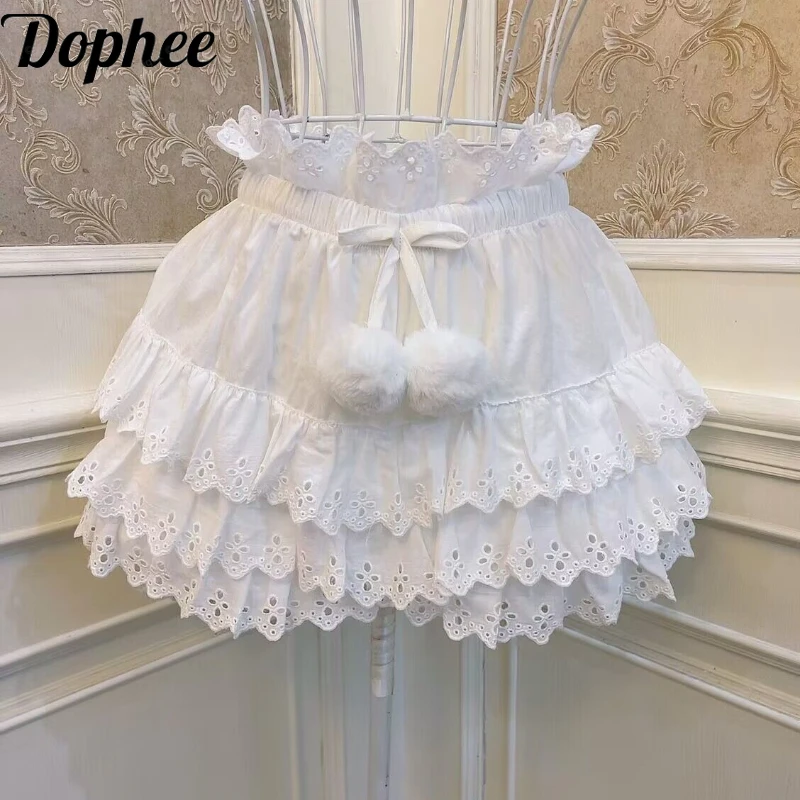 Dophee Original Girl Princess Plush Ball Lace-up Cake Skirt All-match Elastic Waist Bottom Shorts Live Home Shorts Skirts