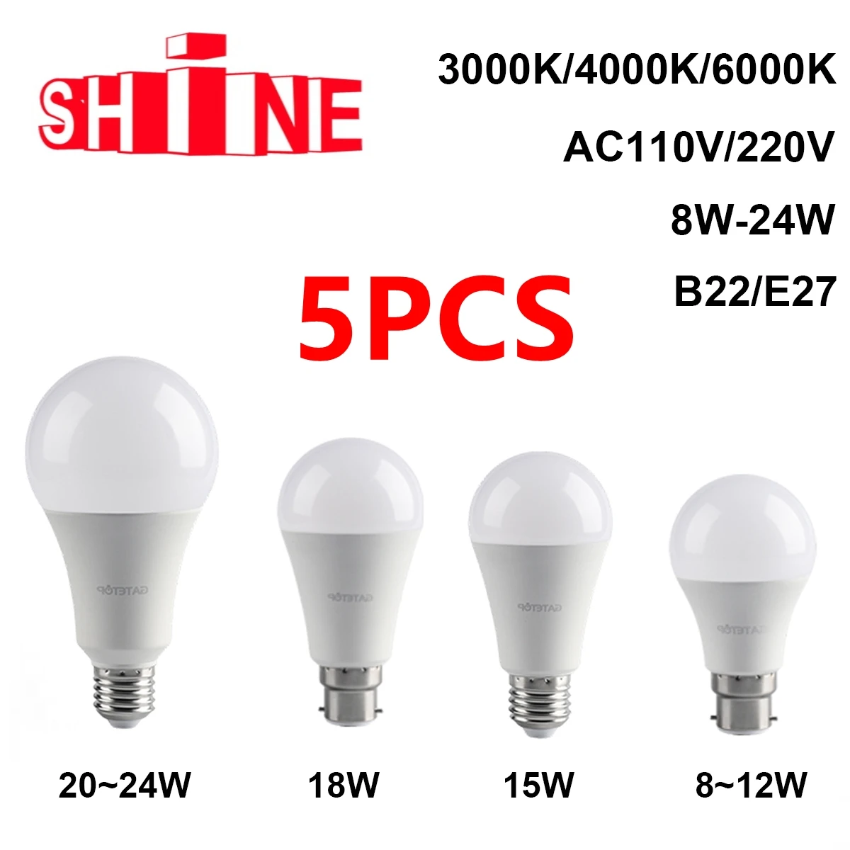 5PCS/LOT LED energy-saving bulb 8W-24W AC110V 220V no flickering warm white light E27 B22 is suitable for kitchen study