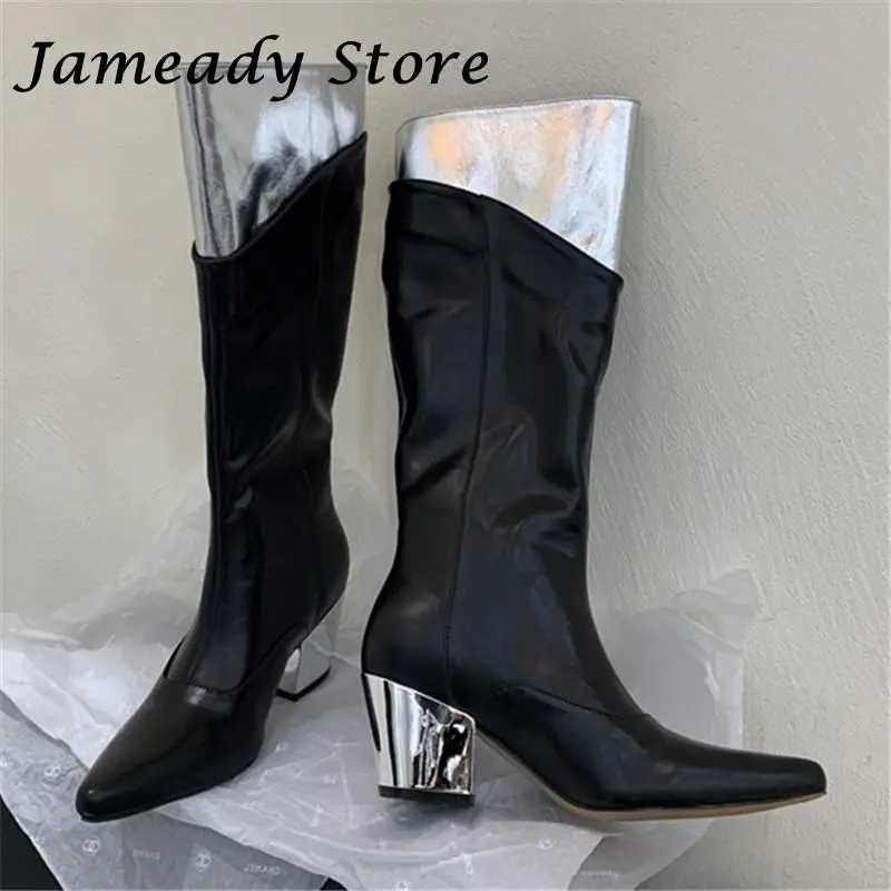 

New Pointed Toe Chunky Knight Boots Women Fashion Metal Heel All Match Elegant Modern Boots Female Deigner Knee High Botas Mujer