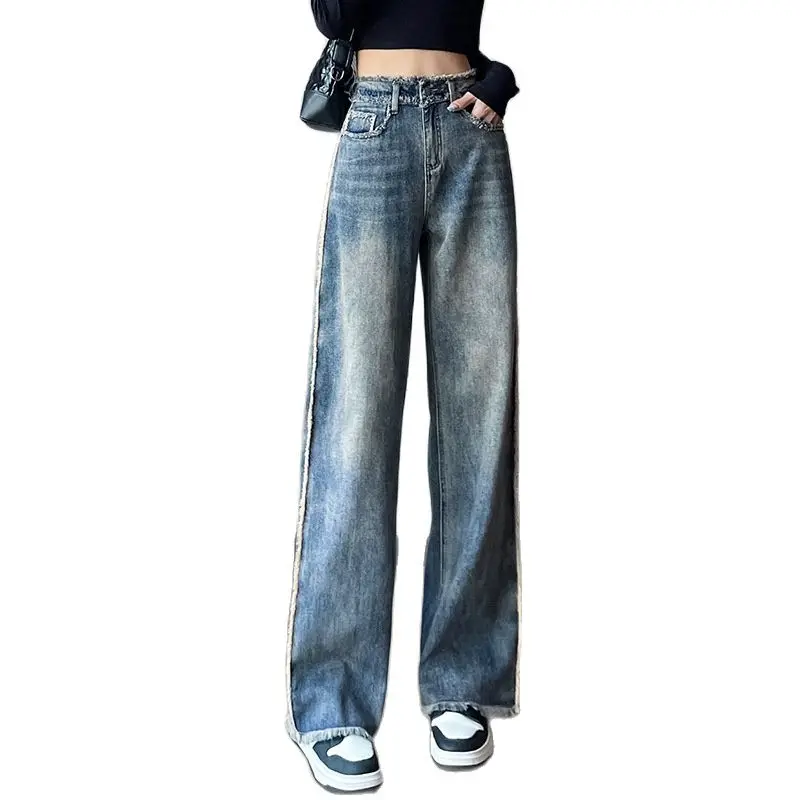 

Bottom Jeans for Women Classic Spliced High Waisted Baggy Loose Fit Y2K Denim Pants Fashionable Straight Wide Leg Long Jean