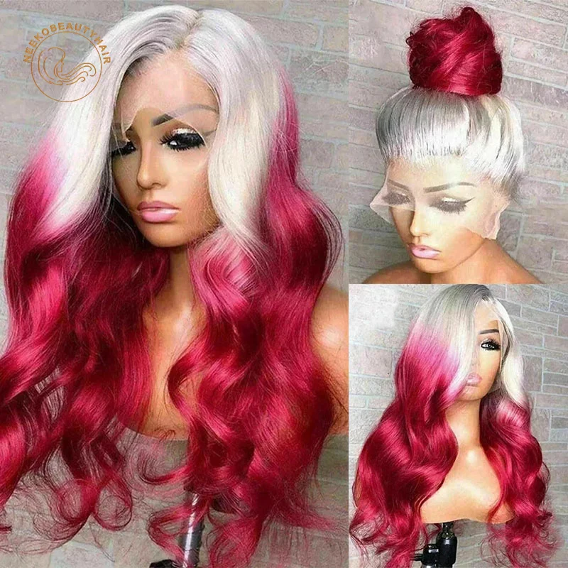 Lace Frontal Wigs Ombre Blonde Pink Wavy 13X4 Lace Front Wig 180% Density 2 Tones Colored Human Hair Wigs Body Wave Wig