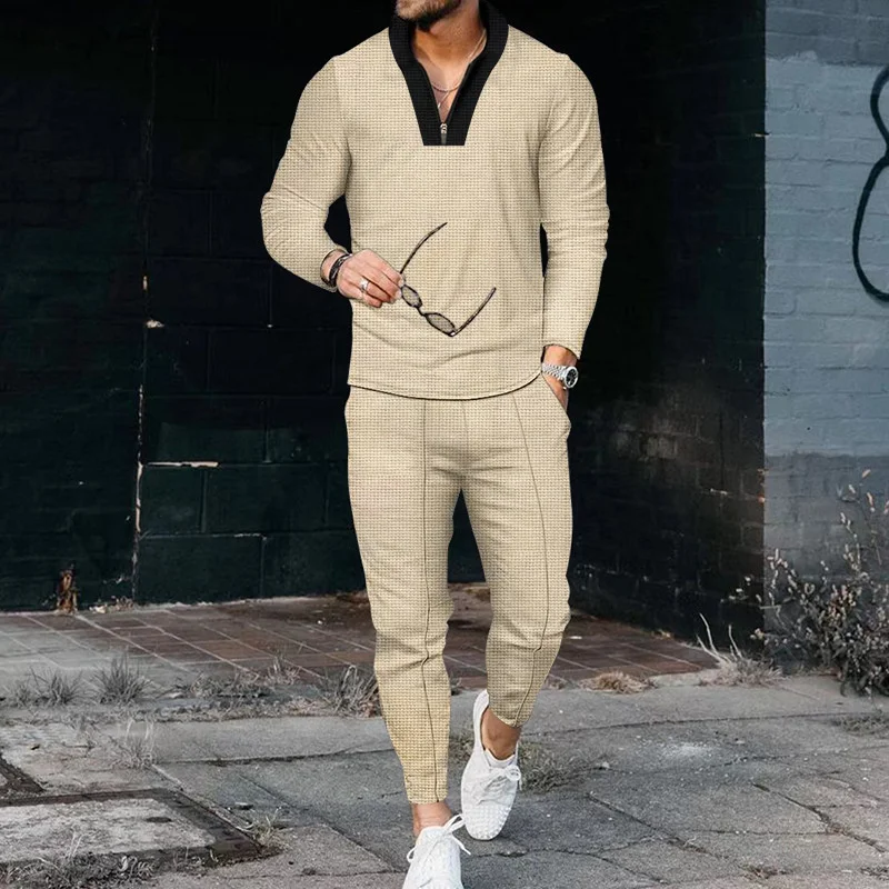 Waffle Fabric Two-piece Suits Men's Zipper V Neck Long Sleeve Tops Slim Fit Lace-up Pencil Pants Fashion Sports Casual Male Sets