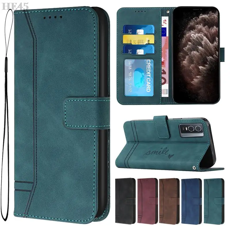 

For VIVO Y76 Y74S Y72 Y55S 2021 Y53S Y52 Y30 Y21 Y21S Y20 Y20i Y20G Y17 Y15 Y12 Y11 V23 Wallet With Hand Strap Leather Card Case