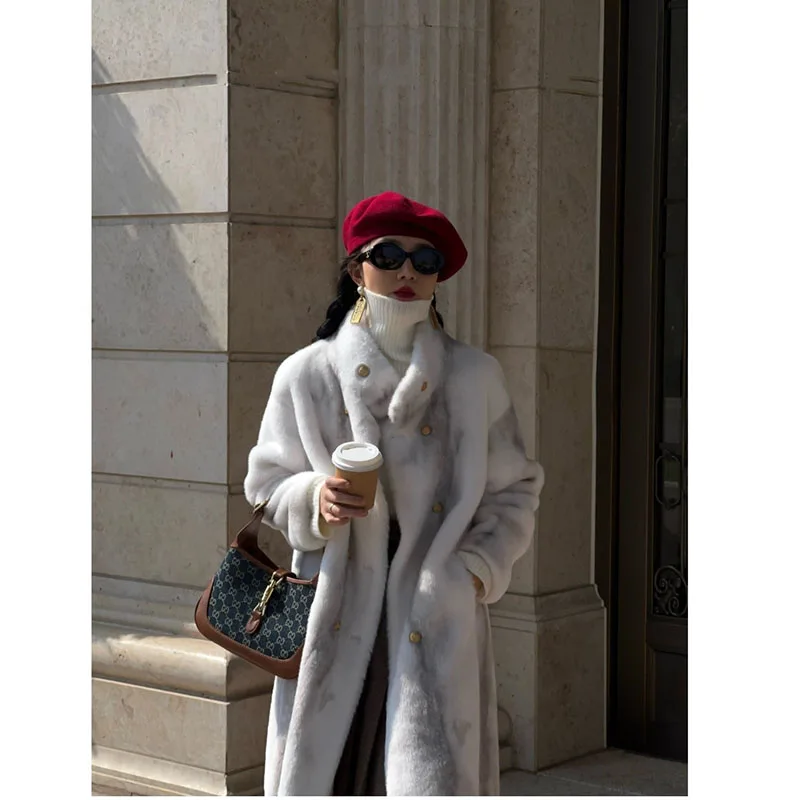 Fashion 2023 Winter New Thickened Long Wide Loose Neck Mink Fleece Imitation Rex Rabbit Fur Fur One Piece Fur Coat For Women