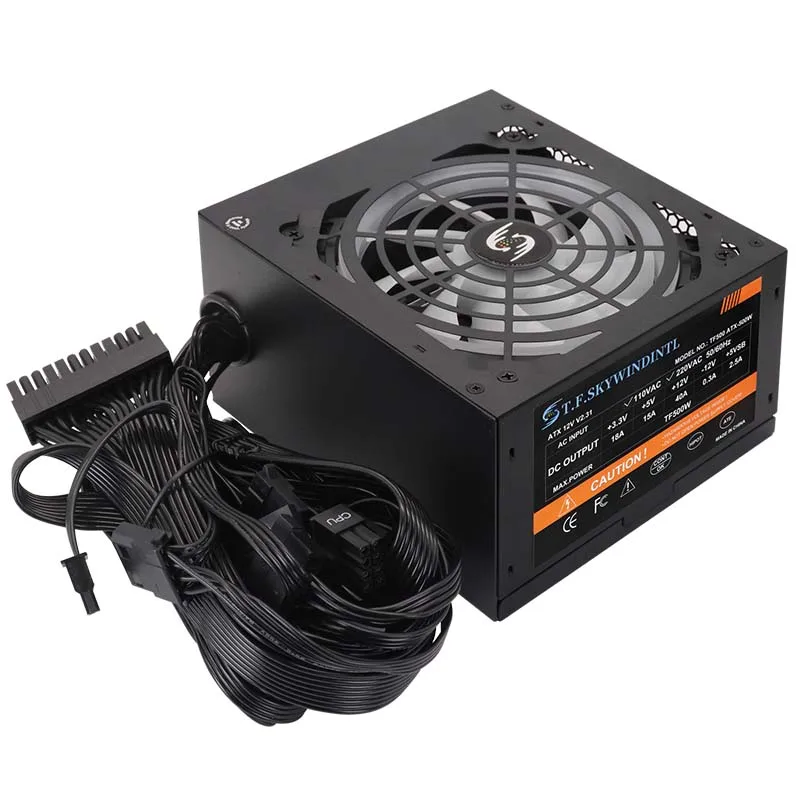 500W ATX 파워 서플라이 12V 20+4핀 비모듈러 ARGB 초저소음 PC 파워, 데스크탑 게이밍 컴퓨터에 적합