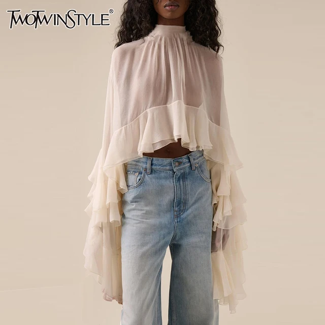 TWOTWINSTYLE – chemisiers transparents et amples pour femmes, col haut, manches longues, Patchwork, volants, plis, chemisier élégant, vêtements féminins 1