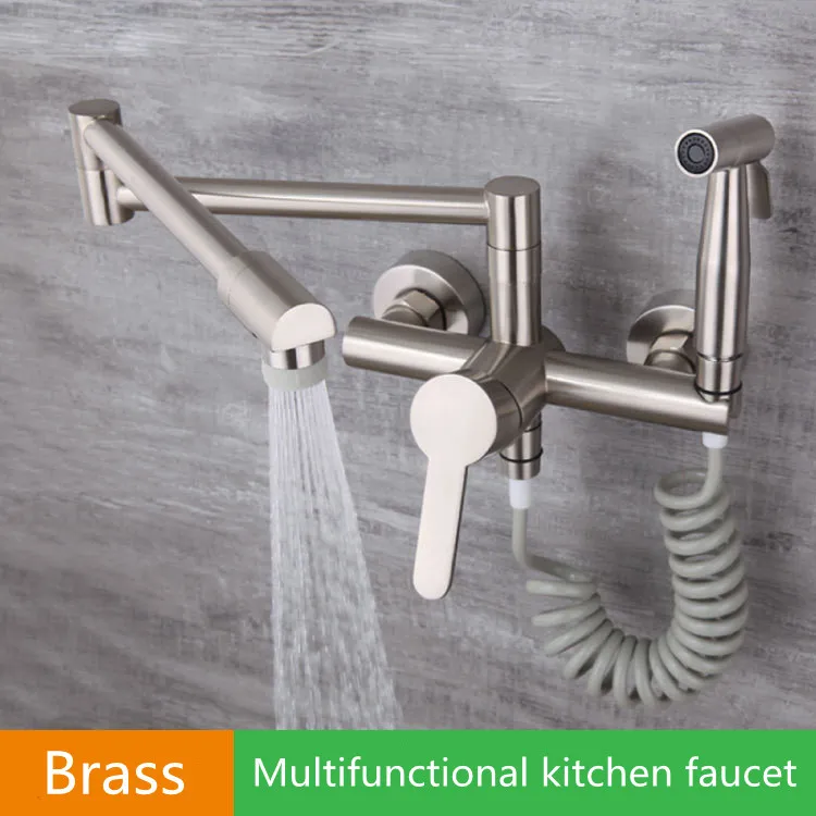 Folding Brass Kitchen Faucet Brushed Bidet Spray Wall Mount Hot Cold Mixer Tap Bathroom  Crane  with