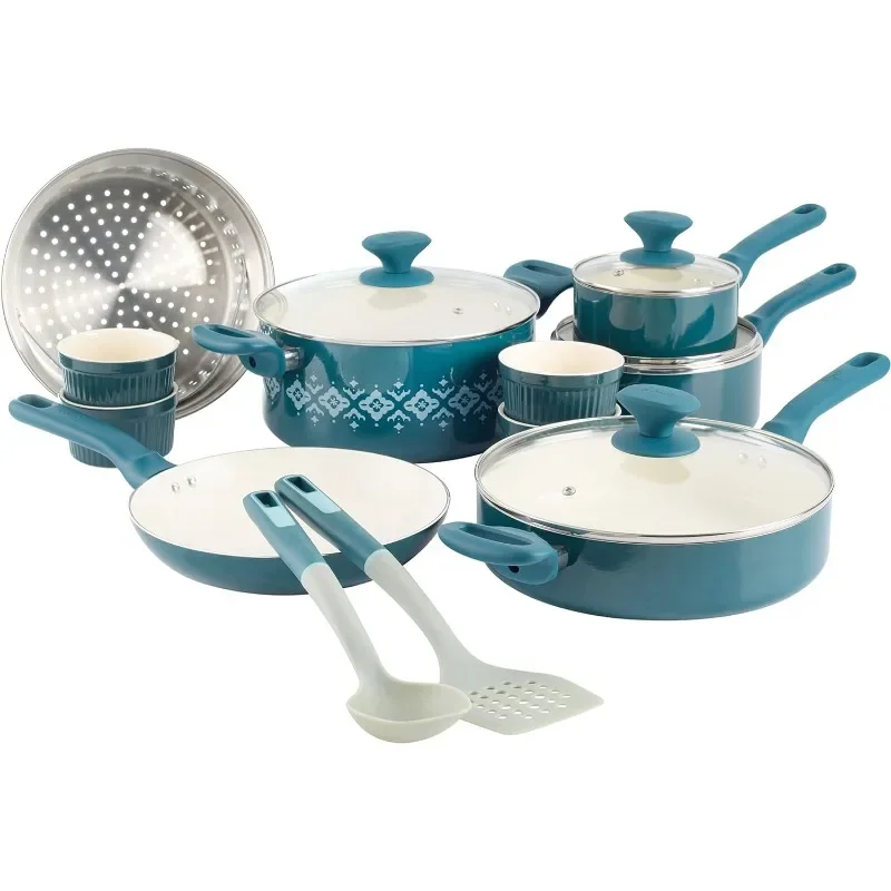 Spice by Tia Mowry Savory Saffron 16-Piece Healthy Nonstick Ceramic Cookware Set - Teal
