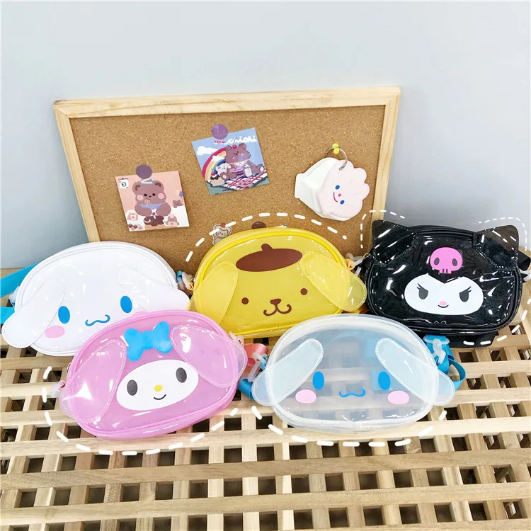 

Kawaii Sanrios Transparent Bag Lovely Cartoon Cinnamoroll Kuromi Melody PVC Jelly Wallet Waterproof Cosmetic Shoulder Bag Girl