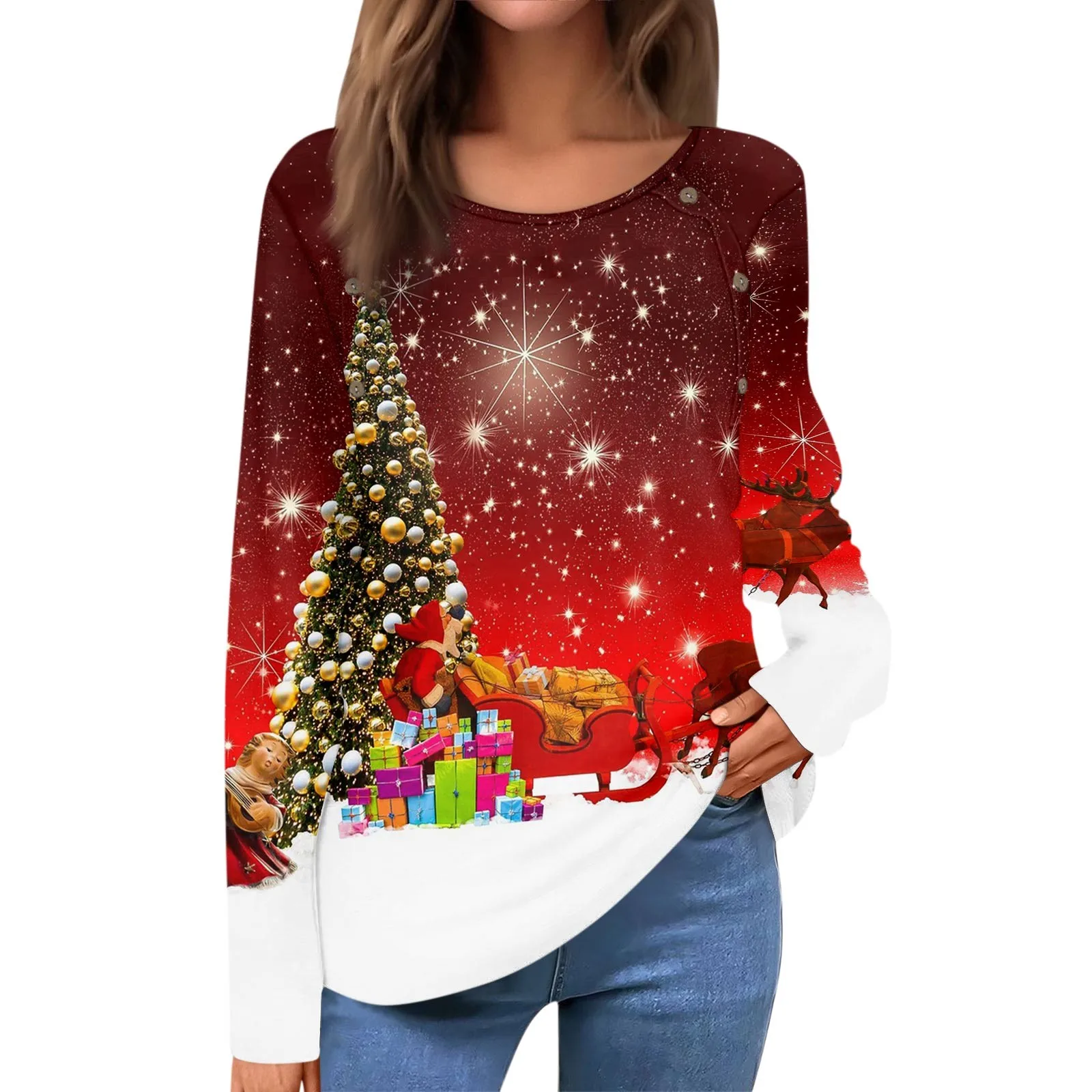 2023 Womens 'St Christmas Print Manica Lunga Christmas Weekend Festival / Holiday Christmas Girocollo T Shirt Tunica S-3Xl