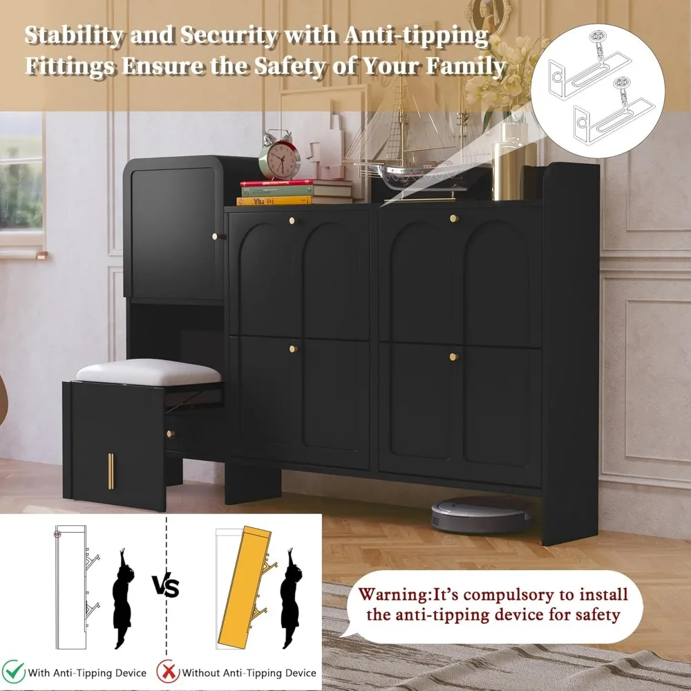 Modern Shoe Cabinet with 4 Flip Drawers, Large Shoe Storage Cabinet with Hidden Stool & Adjustable Shelves, Wood Shoe Rack Organ 6