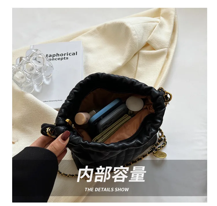 Fashion Women New Designer Luxury Rhombus Chain Shoulder Underarm Bag Advanced Texture Slung Bucket Bag