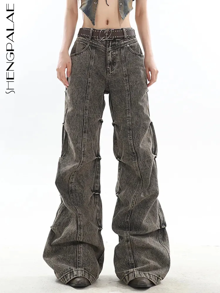

SHENGPALAE Fashion Women's Flare Jeans Vintage Wash Folds Design Patchwork Denim Pants Autumn 2023 New Female Trousers 5R6573