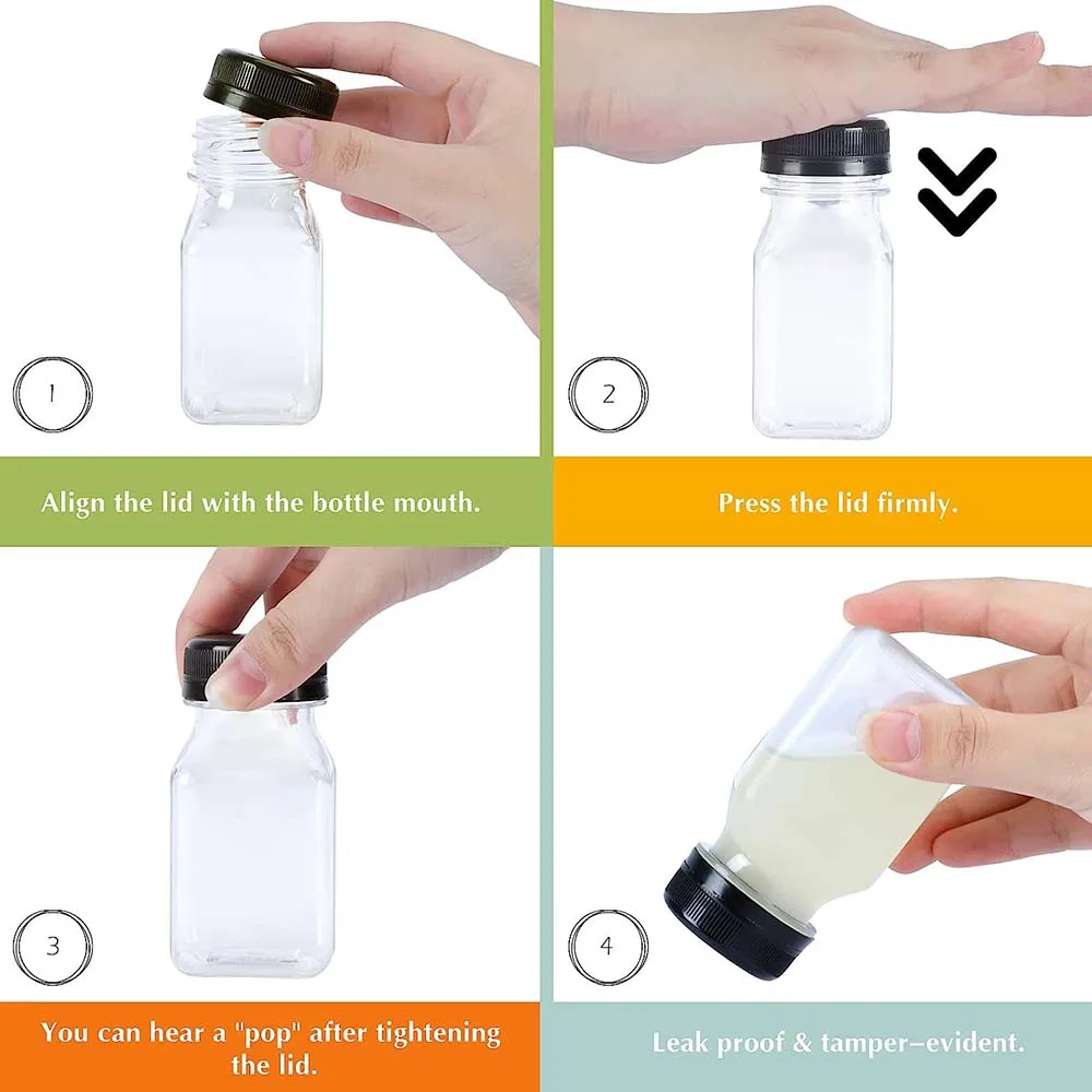 Description Picture 5 of item4oz Mini Plastic Juice Bottles with Caps, Empty Reusable Clear Bulk Beverage Containers for Juice, Milk and Other Beverages