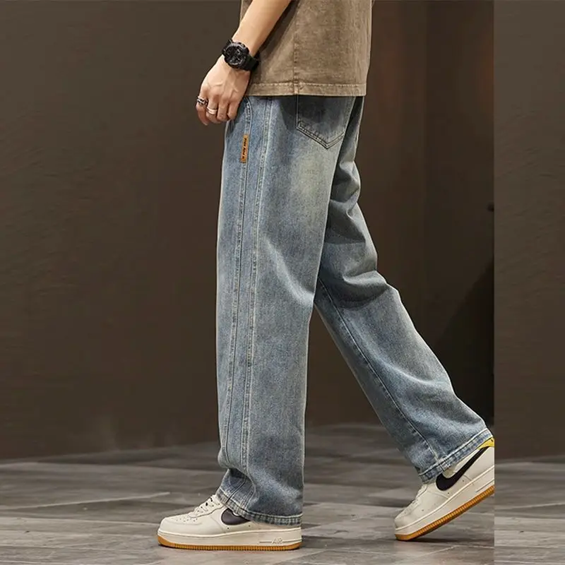 American Vintage Casual Loose Straight Jeans Men Solid Elastic Waist Patchwork Drawing Pockets Trendy Versatile Wide Leg Pants
