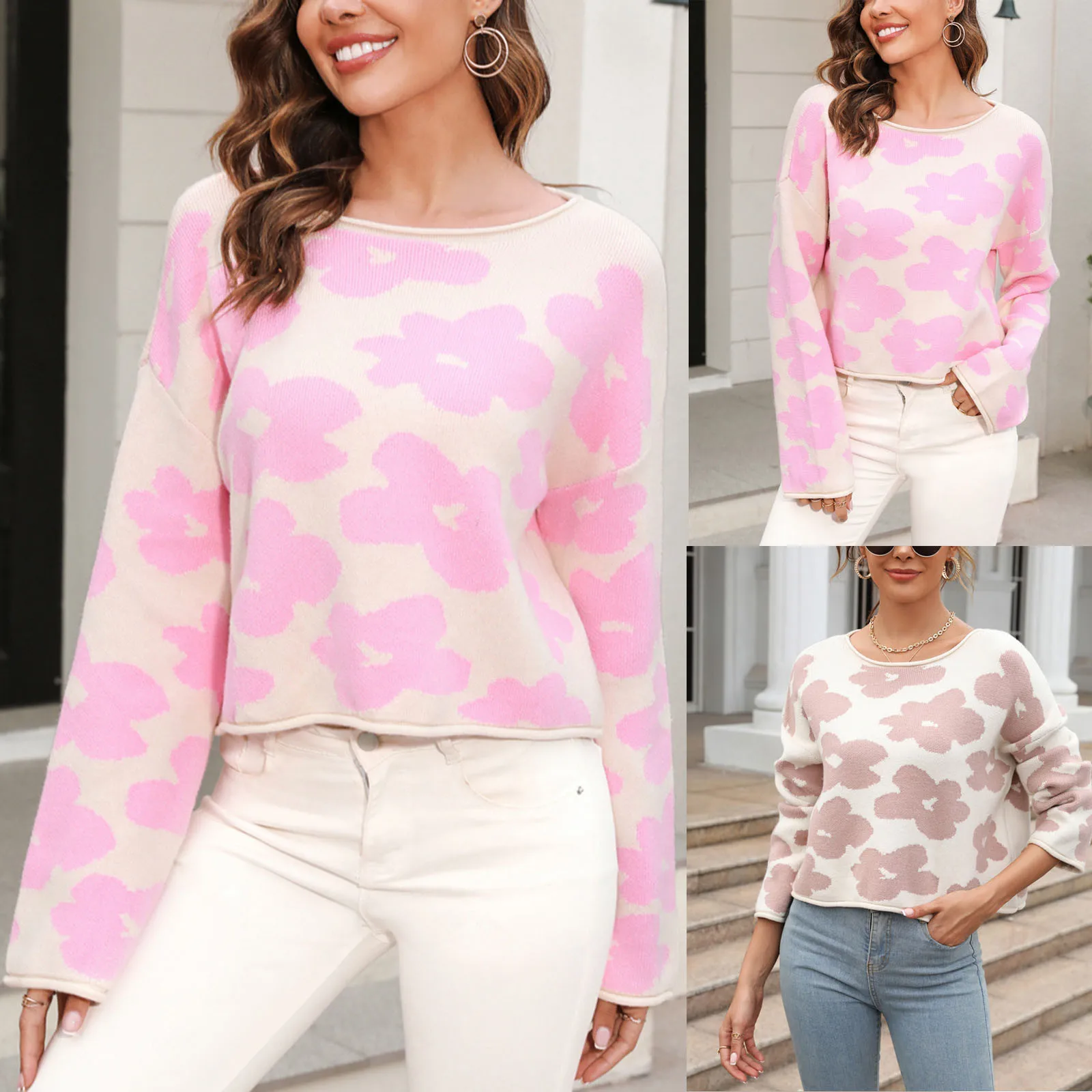 

Women's Autumn And Winter Fashion Round Neck Bright Colors Pullover Sweater Long Sleeve Knitwear Flower Print Ladies Tops