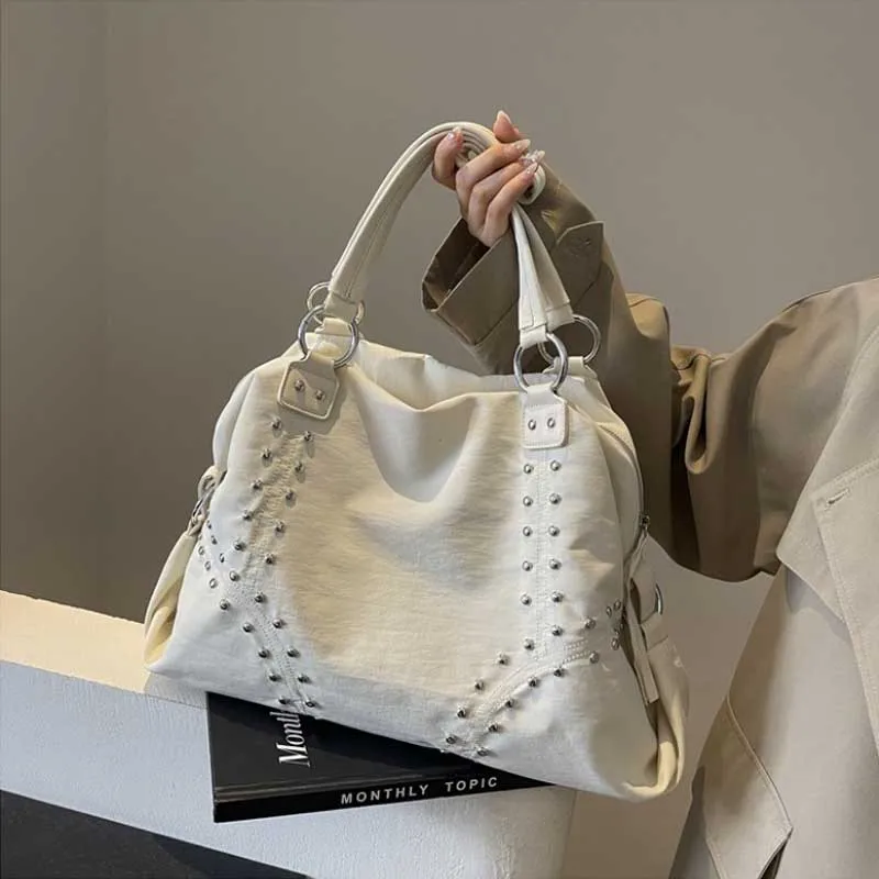 Fashionable Nylon Rivet Underarm Tote Bag Women's Large Shoulde Bag Commuter Bag Sli Autumn Trend Youth Pure Color Bags Handbag