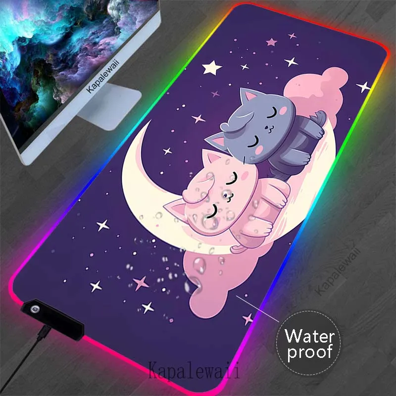 

LED Kawaii Cat Large Mouse Pad RGB Gamer Mousepad Locking Edge Mouse Mat Rubber Waterproof Table Pads Keyboard Mats 900x300mm